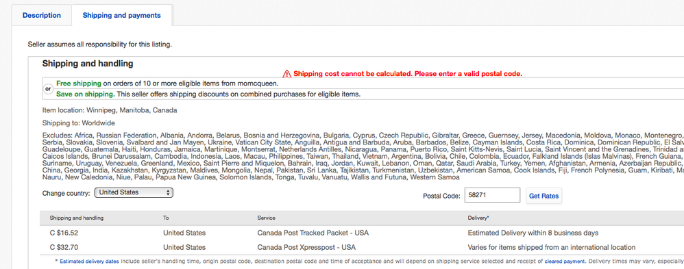 Back to shipping costs displayed for USA with red warning text