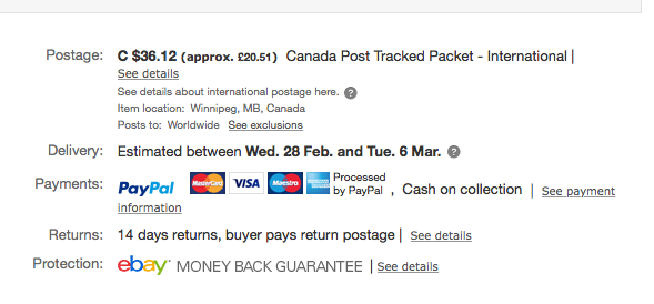 C $36.12 United Kingdom Canada Post Tracked Packet - International Estimated between Wed. 28 Feb. and Tue. 6 Mar. C $66.59 United Kingdom Canada Post Xpresspost - International Varies for items sent from an international location