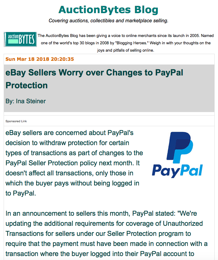 Sun Mar 18 2018 20:20:35 eBay Sellers Worry over Changes to PayPal Protection  By: Ina Steiner