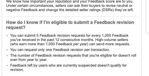 You can submit 5 Feedback revision requests for every 1,000 Feedback you've received in the past 12 consecutive months