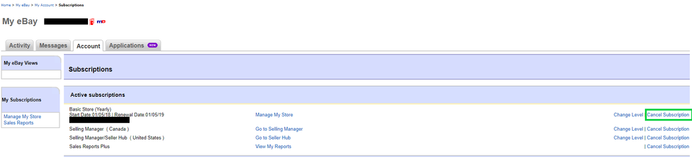 On the Subscriptions screen choose 'Cancel Subscription' on the far right side