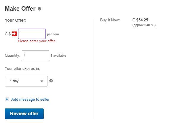 When making an offer, the BIN price is on the right with the conversion just below. Note that the offer  field is in CAD