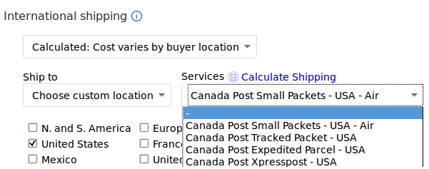 eBay.CA calculated shipping choices for USA