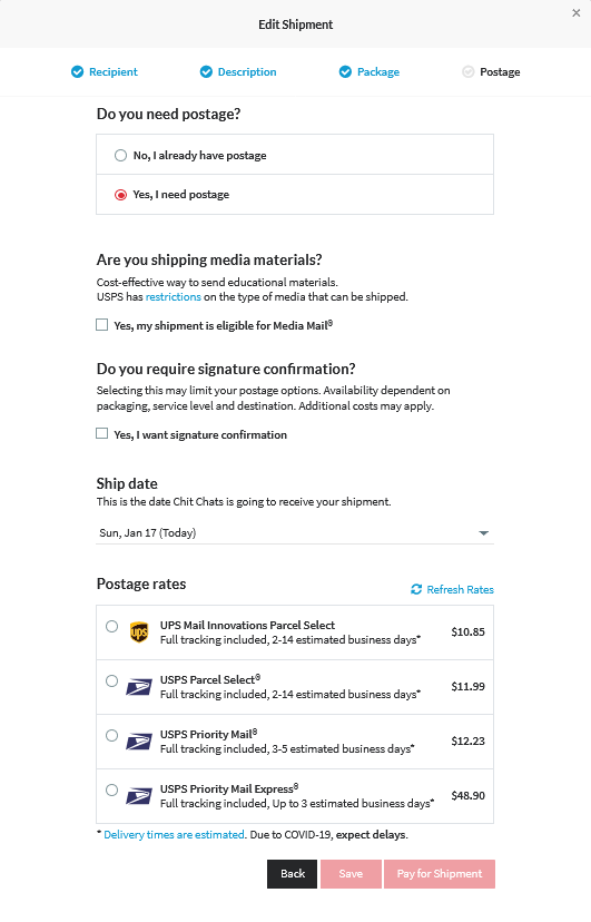 Page with Media Mail checkbox