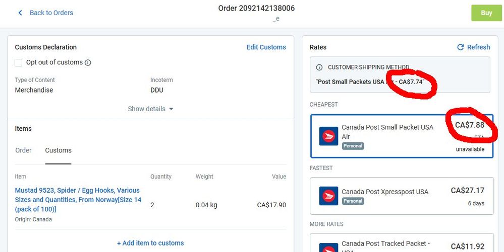 Shippo rate is $7.88, buyer should be charged $7.74+.039