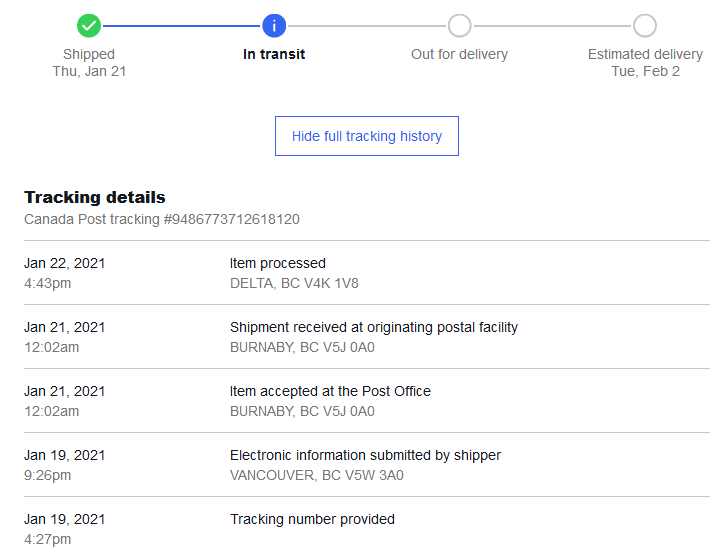 Tracking info on  not updating, delivered days - The