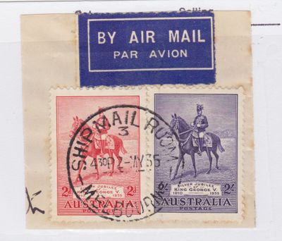 AUSTRALIA #152, #154 on piece By Airmail postmarked 'Ship Mail Room 1935' CV $40.35.jpeg